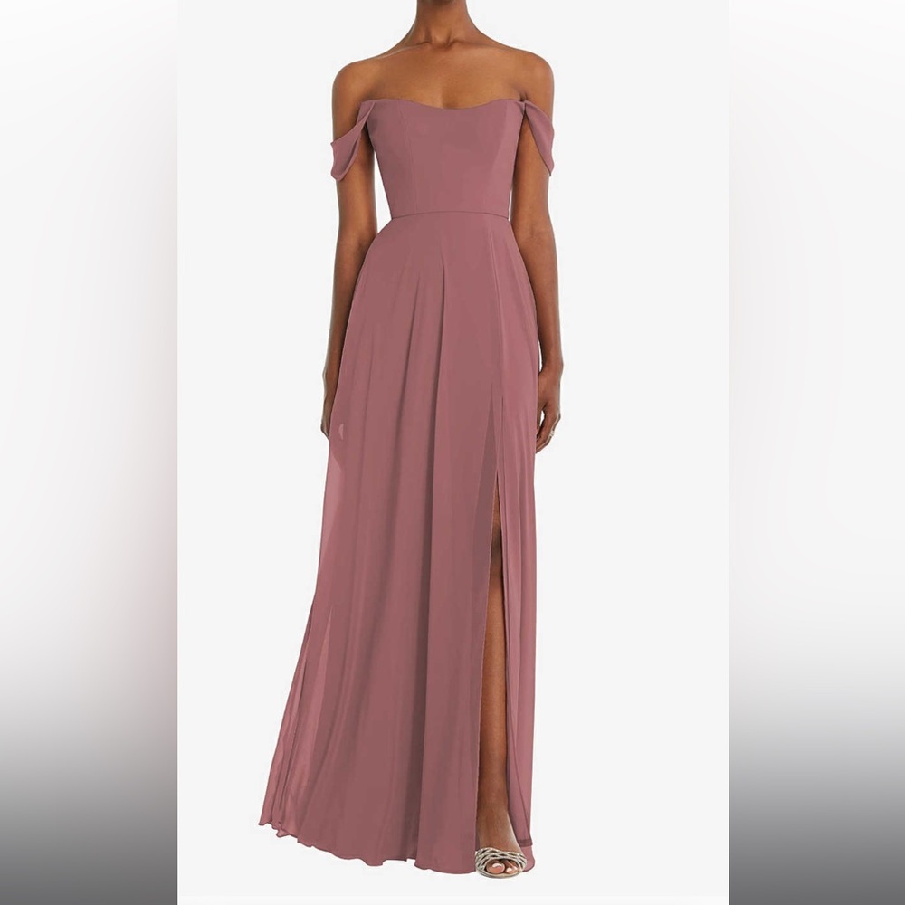 Bridesmaid gown: Off the Shoulder Basque Maxi Dress with Flounce Sleeves